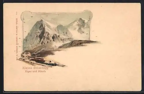 Lithographie Kleine Scheidegg, Ortsansicht mit Gebäuden, Eiger und Mönch