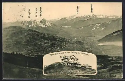 AK Wildspitz, Hotel Rossberg-Kulm auf dem Wildspitz, Umgebung mit Gipfelpanorama