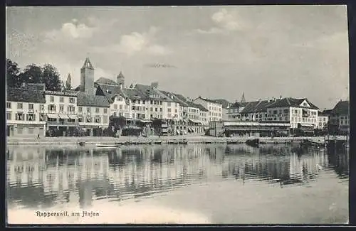 AK Rapperswil, Hafenpartie mit Ortspanorama, Hotel du Lac, Hotel-Pension Schwanen