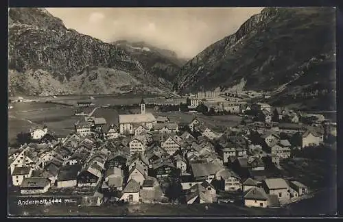 AK Andermatt, Totalansicht mit Bergblick aus der Vogelschau