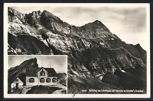 AK Tierwies-Säntis, Gasthaus Debrunner-Neff, Aufstieg von Schwägalp auf Thierwies m. Graukopf und Grenzkopf