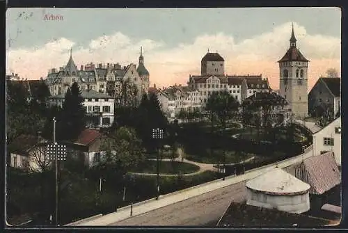 AK Arbon, Teilansicht mit Strasse, Turm und Parkanlage