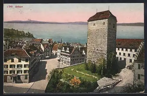 AK Arbon, Teilansicht mit Hotel Couronne, Turm und Wasserblick aus der Vogelschau