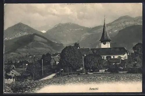 AK Aeschi, Ortsansicht mit Kirche und Bergpanorama