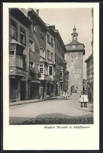 AK Schaffhausen, Äussere Vorstadt jenseits des Schützengrabens mit Schwabentorturm