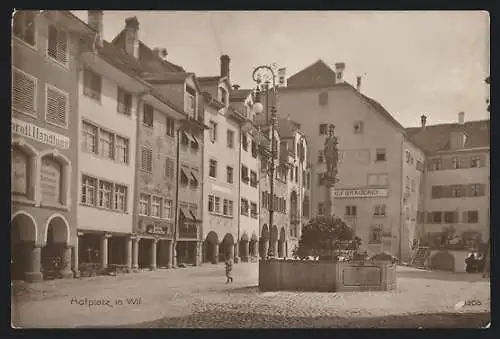 AK Wil /SG, Restaurant Hofbrauerei und Handlung von Johann Baumgartner mit Brunnen