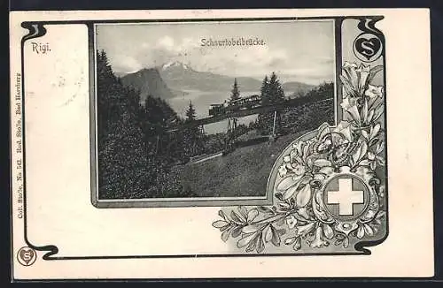 AK Rigi, Schnurtobelbrücke mit Bergbahn