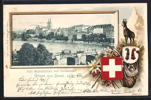 AK Basel, Alte Rheinbrücke mit Grossbasel, Passepartout mit Gämse, Wappen und Edelweiss