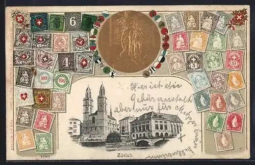 AK Zürich, Teilansicht u. Passepartoutrahmen mit Briefmarken