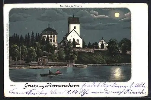 Lithographie Romanshorn, Schloss und Kirche im Mondschein