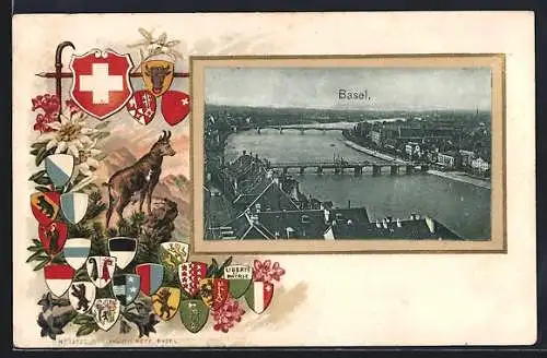 Präge-AK Basel, Stadtpanorama mit Flusspartie, Passepartout mit Gämse und Wappen