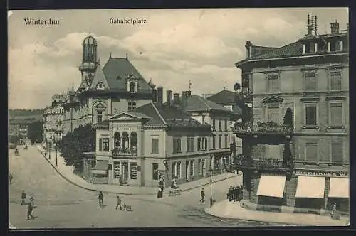 AK Winterthur, Gasthaus Bierhalle Walhalla mit Bahnhofplatz