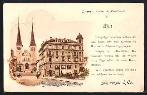 AK Luzern, Seiden-Versand-Haus der Firma Schweizer & Co. mit Kirche