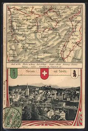 AK Herisau, Stadtpanorama, Karte der Umgebung und Wappen