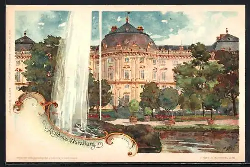 Künstler-Lithographie Karl Mutter: Würzburg, Residenzschloss mit Springbrunnen