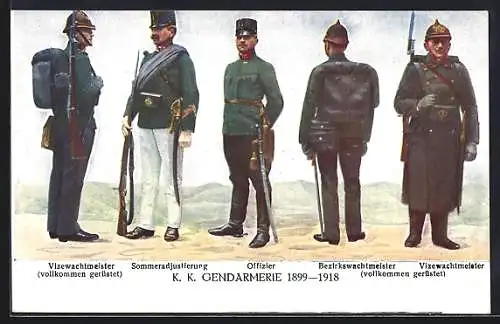 AK K. K. Gendarmerie, verschiedene Ränge und ihre Uniformen