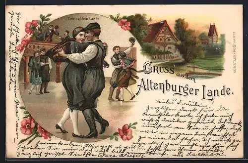 Lithographie Altenburg / S.-A., Trachtenpaar beim Tanz auf dem Lande