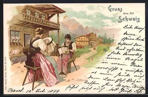 Lithographie Damen in Tracht aus der Schweiz beim Sticken, Kuh