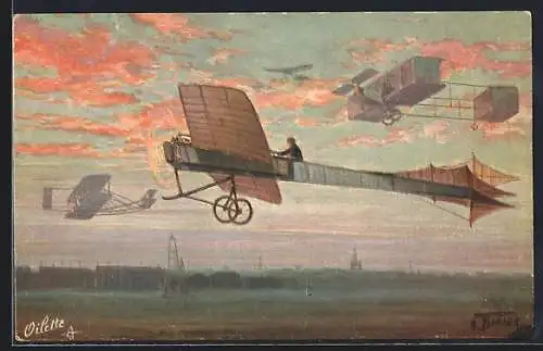 AK Luftfahrtpioniere Wright, Latham, Farman, Blériot in ihren Flugzeugen im Abendrot