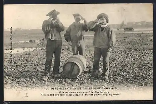 AK Saint-Gilles-sur-Vie, De Sumatra, Fischer trinken aus dem am Strand gefundenen Fass