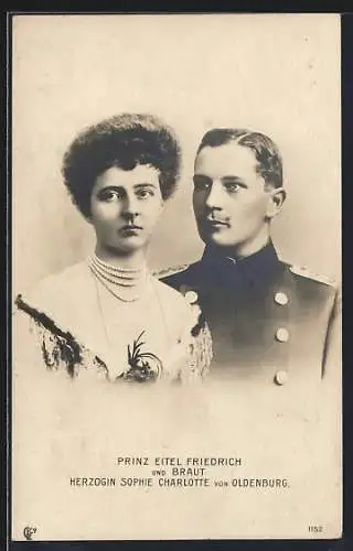 AK Porträts von Prinz Eitel Friedrich von Preussen in Uniform und Braut Herzogin Sophie Charlotte von Oldenburg