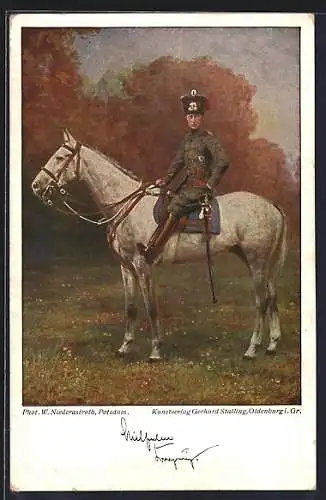 Künstler-AK Kronprinz Wilhelm von Preussen auf einem weissen Schimmel in Uniform