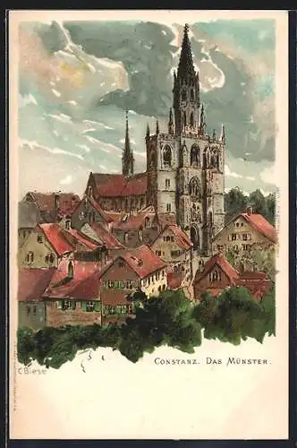 Künstler-Lithographie C.Biese: Constanz, Partie mit dem Münster