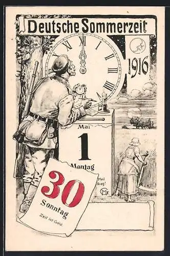 AK Einführung der Sommerzeit 1916, Soldat blickt auf die Uhr