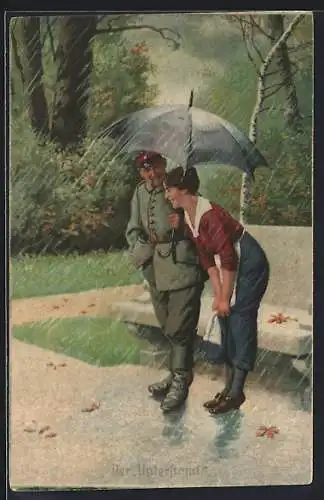 Künstler-AK Arthur Thiele unsign.: Der Unterstand, Soldat mit junger Frau unter einem Schirm