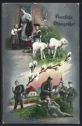 AK Kriegsostern, Lämmer auf der Wiese, Mutter und Kinder vor dem Haus, Soldaten am Wegesrand, Ostergrüsse!