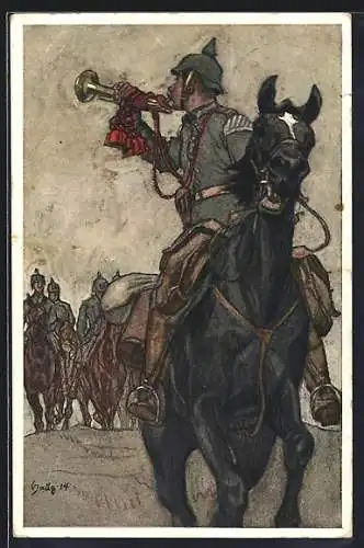 Künstler-AK sign. Haug: Deutscher Soldat bläst zum Angriff