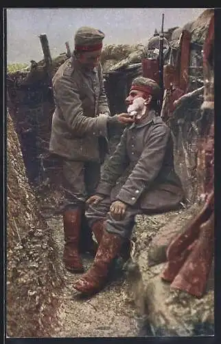 AK Der Barbier im Schützengraben, die Rasur, Krieg 1914-15