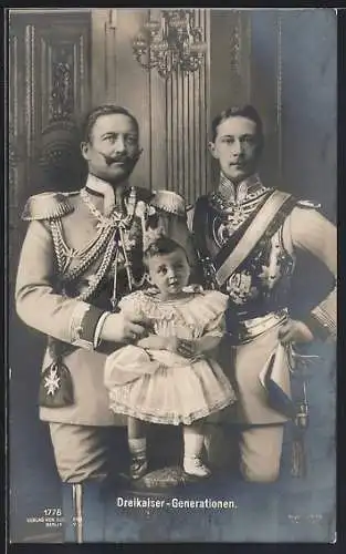 AK Kaiser Wilhelm II. in Uniform, Dreikaiser-Genarationen, posieren vor einem Hocker