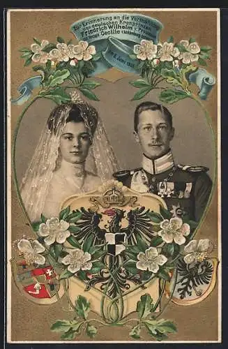 AK Kronprinz Wilhelm von Preussen mit Herzogin Cecilie v.Meklenburg-Schwerin, Erinnerung a.d.Vermählung 1905, Wappen