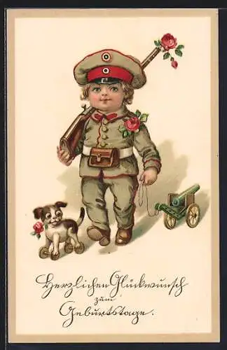 Künstler-AK Kleiner Soldat in Uniform mit Rose im Gewehrlauf