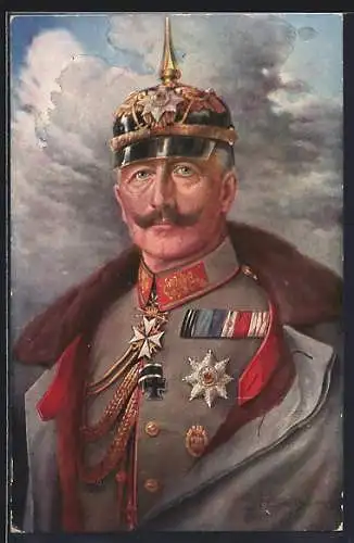 Künstler-AK Kaiser Wilhelm II. in ordensbehängter Uniform vor Wolkenhintergrund