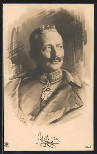 Künstler-AK Kaiser Wilhelm II. in Uniform nachdenklich zur Seite schauend