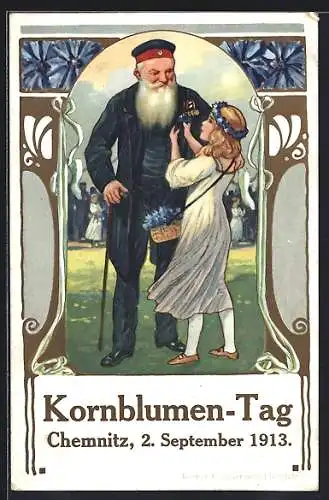 AK Chemnitz, Kornblumen-Tag 1913, Mädchen steckt Mann mit Vollbart Kornblume an, gerahmte Ansicht