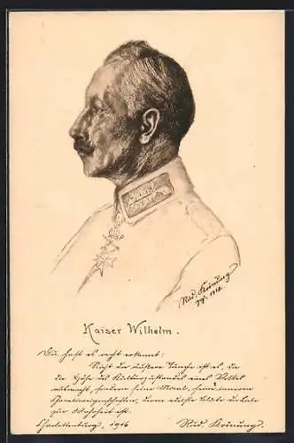 Künstler-AK Kaiser Wilhelm II. im seitlichen Portrait in einfacher Uniform