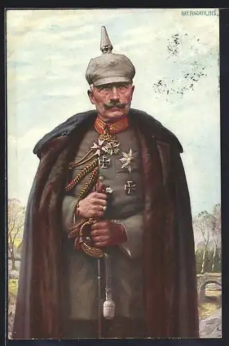 AK Kaiser Wilhelm II. Mit Pickelhaube, Degen und Pelzmantel