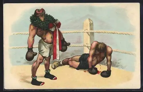 AK Boxer mit Siegerkranz und sein geschlagener Gegner nach dem Boxkampf