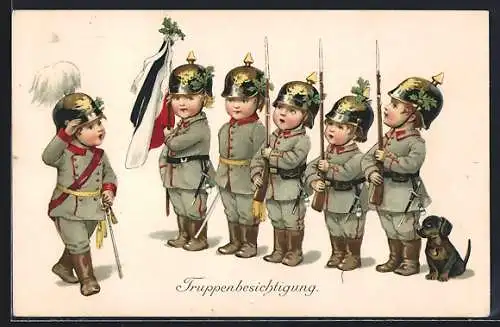 AK Truppenbesichtigung, Kindersoldaten in Uniform mit Pickelhaube, Dackel