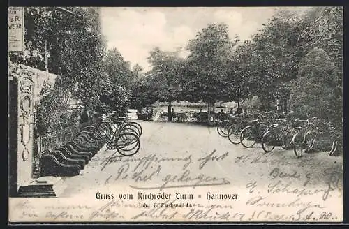 AK Hannover, Gasthof Kirchröder Turm v. C. Luckwaldt, Fahrrad-Stellplätze