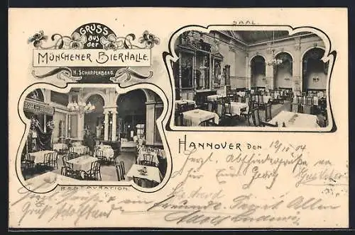 AK Hannover, Gasthof Münchener Bierhalle v. H. Scharpenberg, Innenansichten