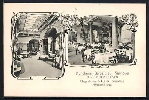 AK Hannover, Gasthof Münchener Bürgerbräu von Peter Heesen, Innenansichten im Jugendstil-Passepartout