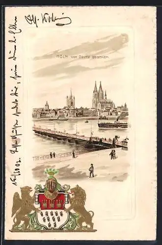 Passepartout-Lithographie Köln, Blick von Deutz über den Rhein zum Dom, Wappen, Dampfer