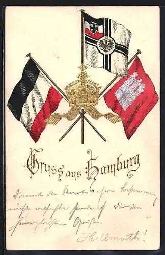 Relief-AK Hamburg, Fahne mit Wappen der Stadt, Reichskriegsflagge