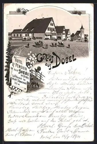 Vorläufer-Lithographie Dobel /Württ. Schwarzwald, 1894, Hotel & Pension zur Sonne