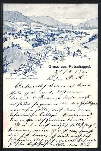 Lithographie Potschappel, Panoramablick auf die Ortschaft