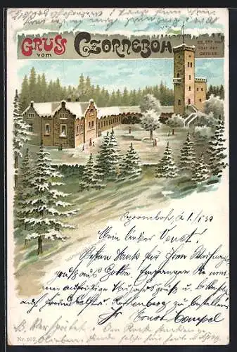 Winter-Lithographie Czorneboh, Gasthaus auf dem Gipfel